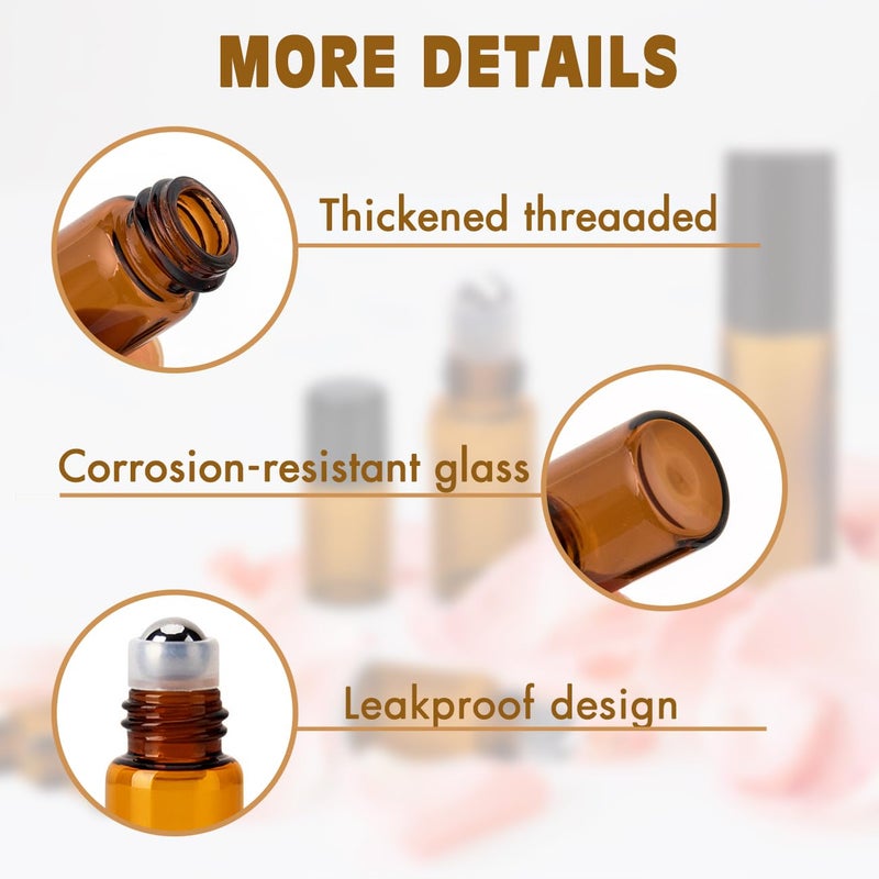 ZEJIA 3ml Roller Bottles 24Pack Amber Thick Glass Essential Oil Bottles with Stainless Steel Roller Ball and 2 Droppers - Image 4